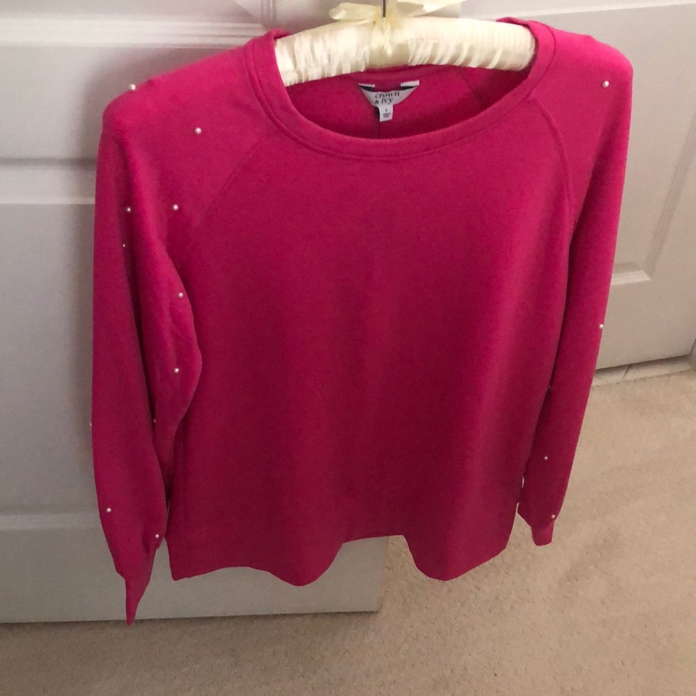 Crown & Ivy Pink Pearl Embellished Terry Sweatshirt Small NWT